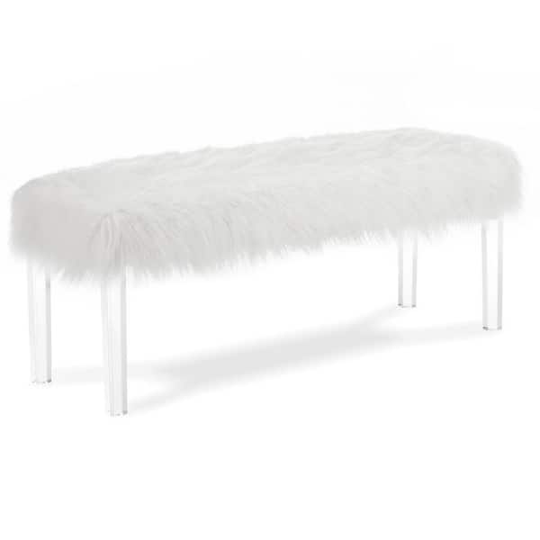 Benjara White Faux Fur Bench with Acrylic Clear Legs 16.5 in. L x 48.75 in. W x 19.25 in. H