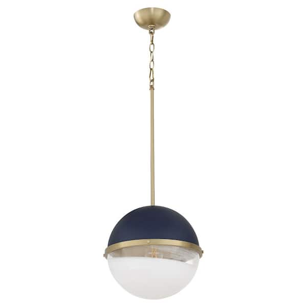 quorum 12 in. 1-Light 60-Watt Pendant Light with Milky Glass Sphere Blue / Aged Brass