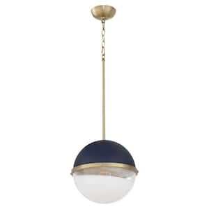 12 in. 1-Light 60-Watt Pendant Light with Milky Glass Sphere Blue / Aged Brass