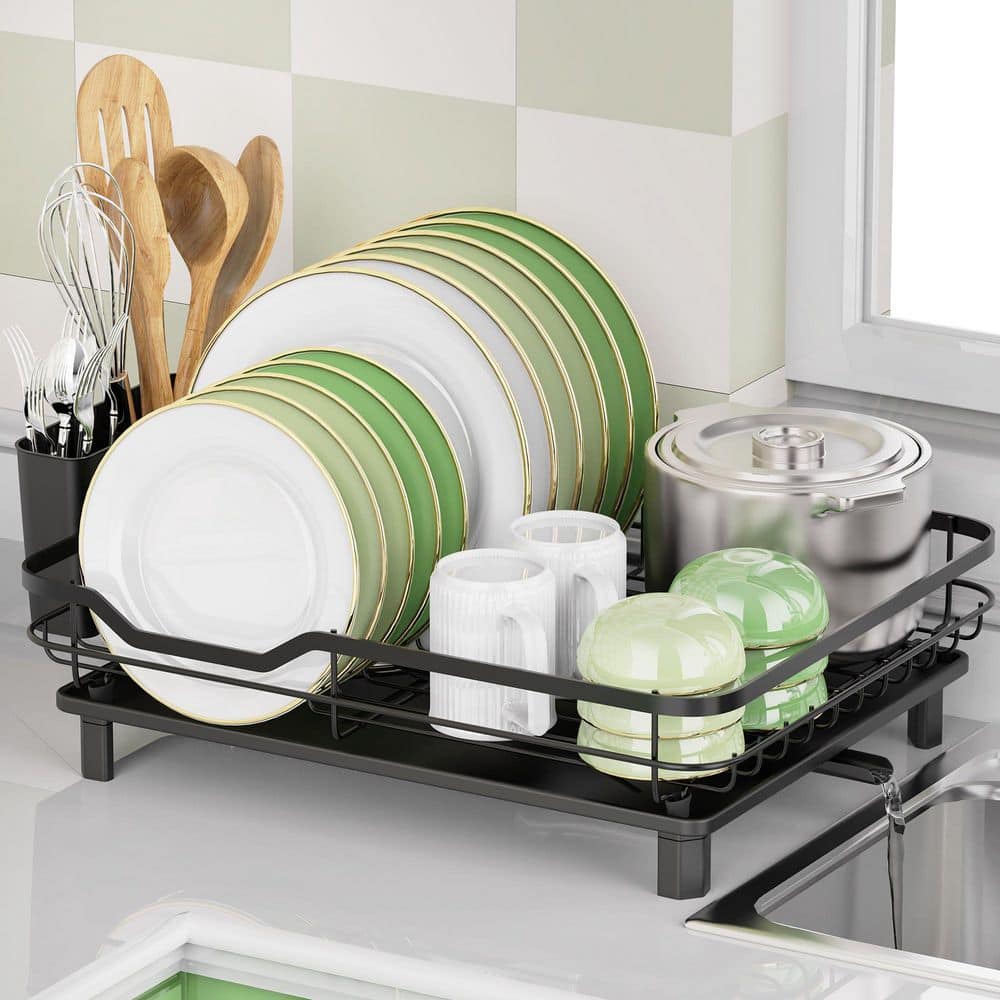 Bottom Dish Rack Black Stainless Steel Kitchen Counter Dish Rack with Drainboard and ...