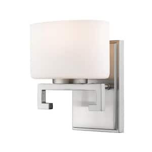 Privet 6.75 in. 1-Light Brushed Nickel Integrated LED Shaded Vanity Light with Matte Opal Glass Shade