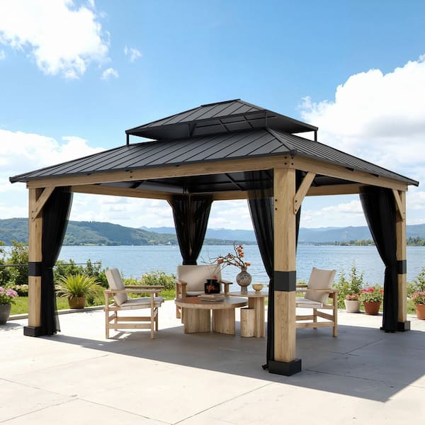 11 ft. x 13 ft. Solid Wood Frame Outdoor Gazebo with Hardtop Galvanized Steel Roof and Mosquito Netting