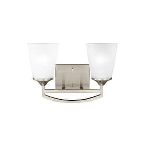Hanford 14 in. 2-Light Brushed Nickel Modern Transitional Wall Bathroom Vanity Light with Satin Glass Shades