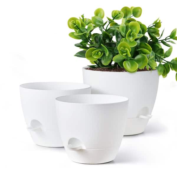 Unbranded Plant Pot 12 in./10 in./9 in., White Plastic Self Watering for Indoor/Outdoor Plants with Drainage Hole, (3-Pack)