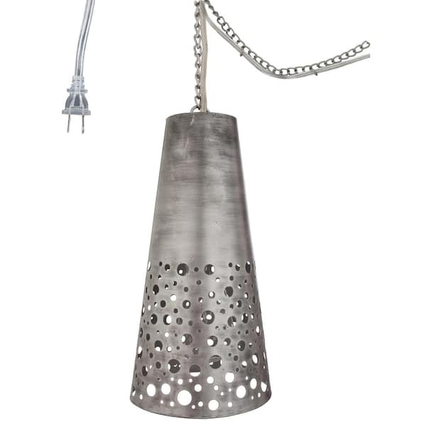 River of Goods 1-Light Antiqued Silver Pierced Metal Plug-In Cone Pendant