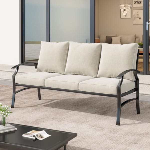 3-Seat Metal Outdoor Patio Sofa Sectional Couch with Beige Cushions