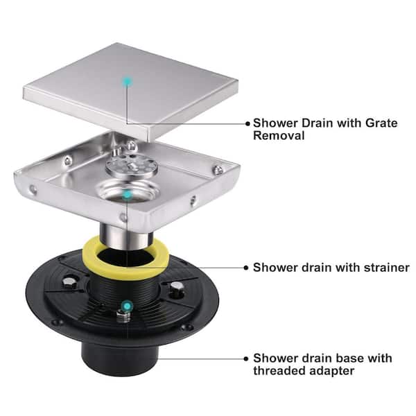 6 Inch Square Shower Floor Drain,with Removable Cover Grid Grate, SUS 304  Stainless Steel,Bathroom Floor Drain Set with Hair Filters and Lifting Hook