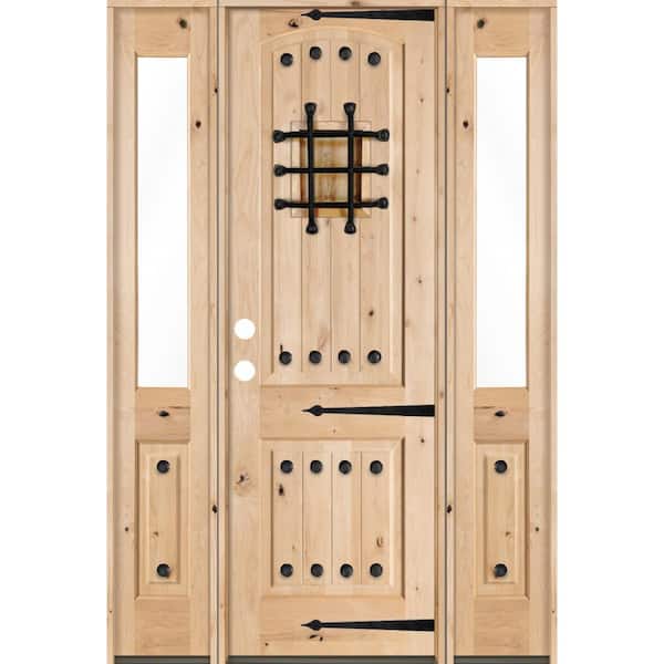 Krosswood Doors 58 in. x 96 in. Mediterranean Unfinished Knotty Alder Arch Right-Hand Half Sidelites Clear Glass Prehung Front Door