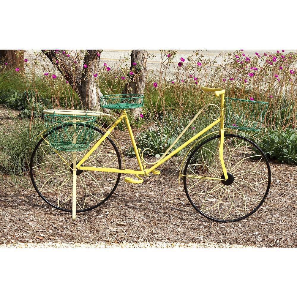 Yellow Iron Bicycle Plant Stand with Baskets and Saddle Bags