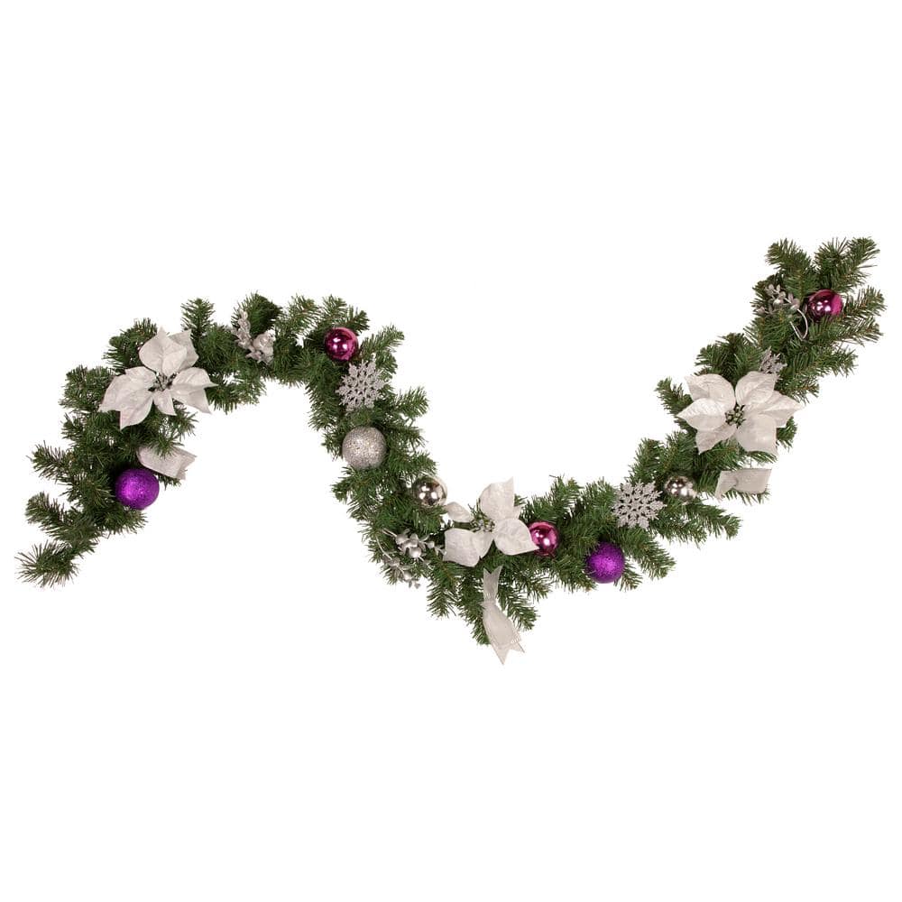 Northlight 6 ft. Pre-Decorated Silver Poinsettia Eucalyptus and Purple Ornament Artificial Christmas Garland-Unlit