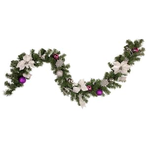 6 ft. Pre-Decorated Silver Poinsettia Eucalyptus and Purple Ornament Artificial Christmas Garland-Unlit