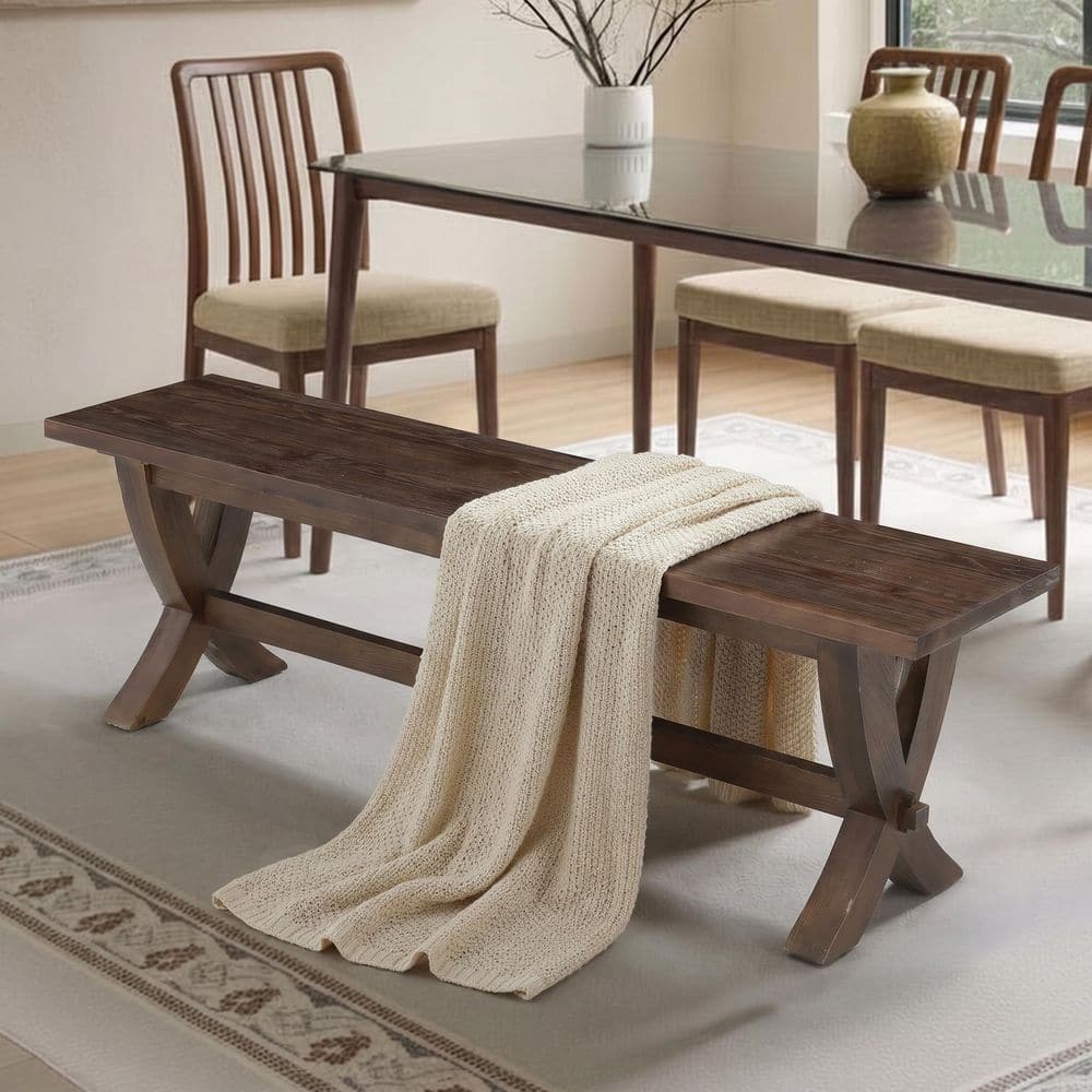 55 in. Brown Solid Fir Wood Backless Dining Bench, Farmhouse Entryway Kitchen Dining Bench for Home Indoor