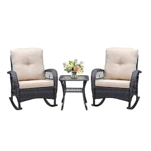 Brown 3-Piece Wicker Outdoor Bistro Set with Beige Cushions, Rocking Chair with Glass Top Side Table