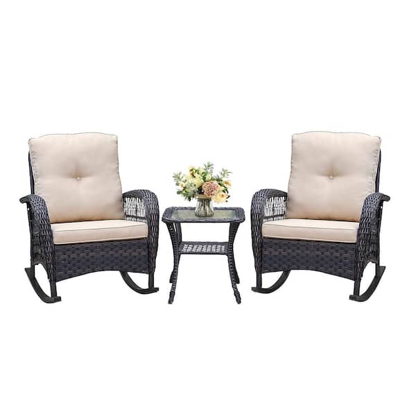 Unbranded Brown 3-Piece Wicker Outdoor Bistro Set with Beige Cushions, Rocking Chair with Glass Top Side Table