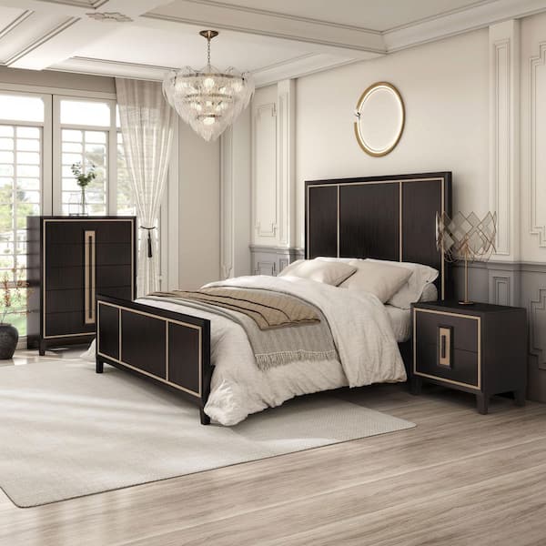 Demi 3-Piece Modern Espresso Wood Queen Panel Bedroom Set with Nightstand and Chest