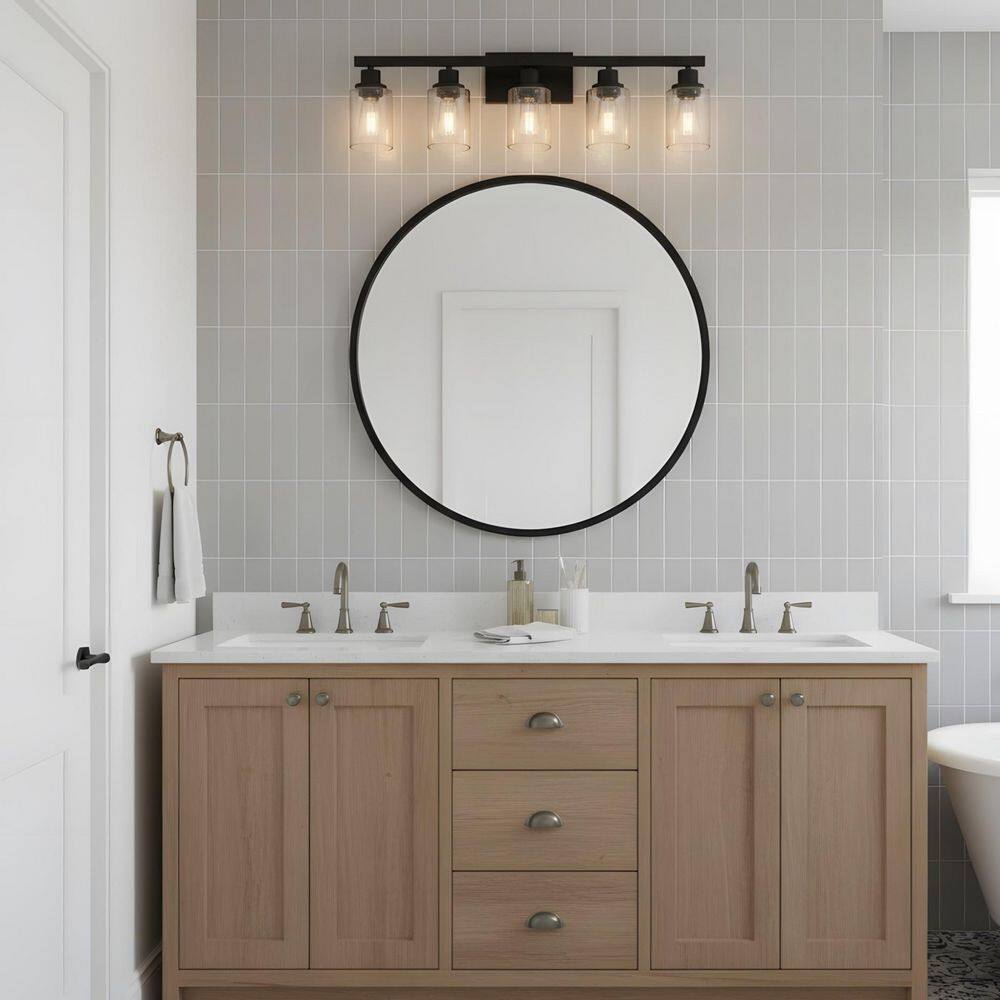 31.1 in. 5-Light Modern Matte Black Bathroom Vanity Light with Classic Glass Shades price history on PriceWatchPro