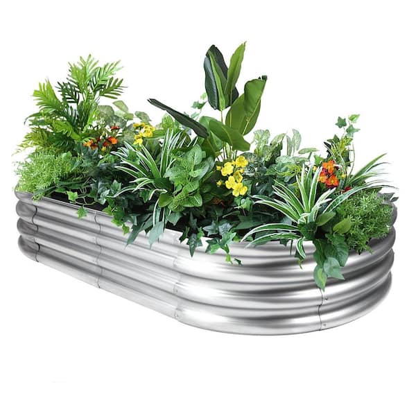 Primehome 8 x 4 x 1 ft. Galvanized Steel Raised Garden Bed Planter Box - Outdoor Oval Silver Metal Planter for Vegetables/Flowers