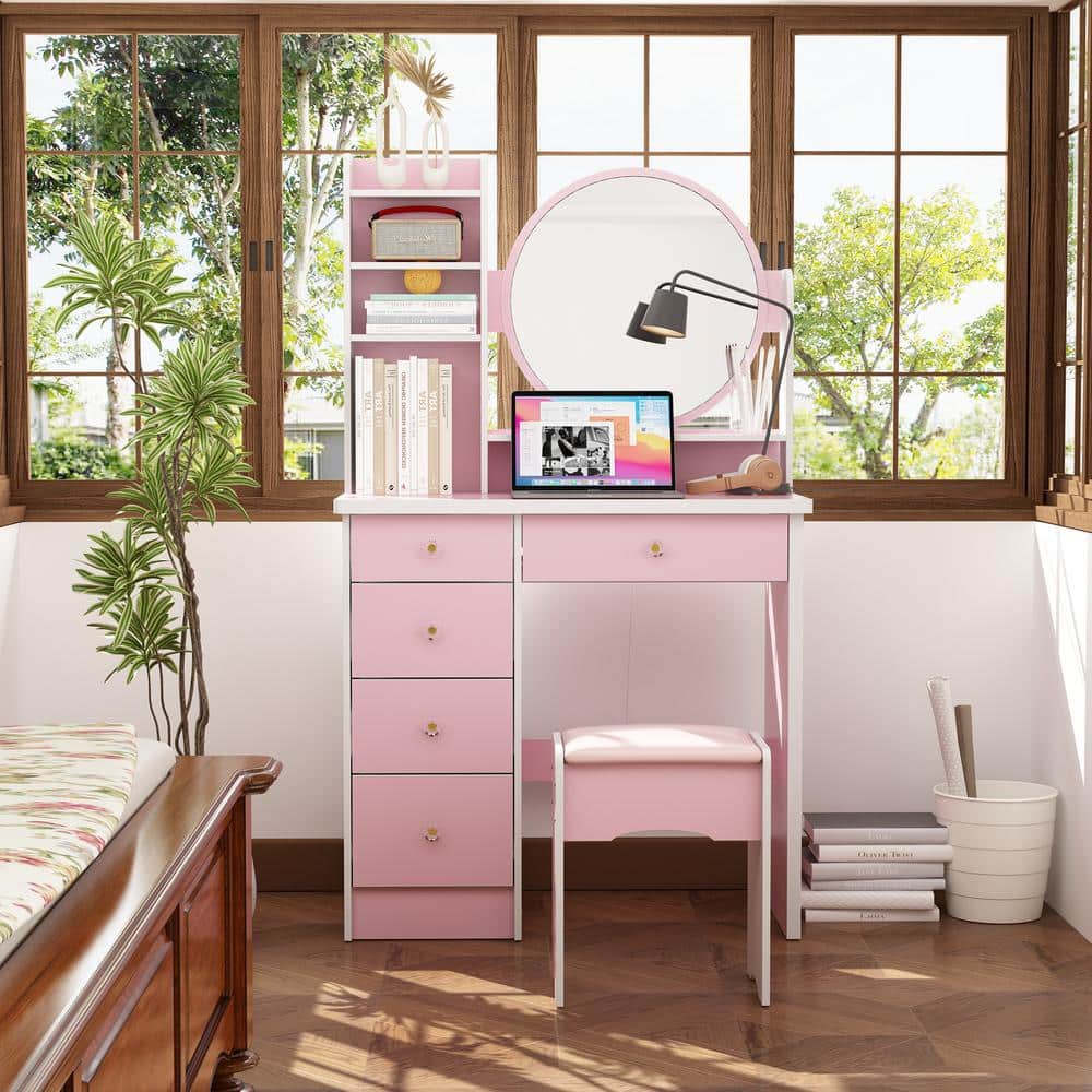5-Drawers Pink Makeup Vanity Dressing Table Set with Stool, Mirror and Storage Shelves Girls Dressing Table - thumbnail 9