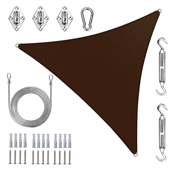 Unbranded 20 ft. x 20 ft. x 20 ft. Triangle Pro Ring Sun Shade Sail with Hardware Kit and Rope-Brown