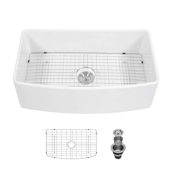 33in W x 20in D Farmhouse Kitchen Sink Ceramic Single Bowl with Grid  Strainer Apron Front