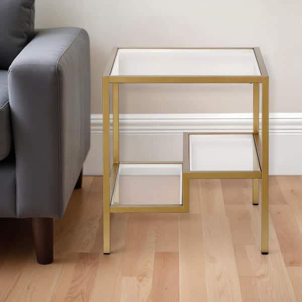 HomeRoots 20 in. Brass Square Glass End Table