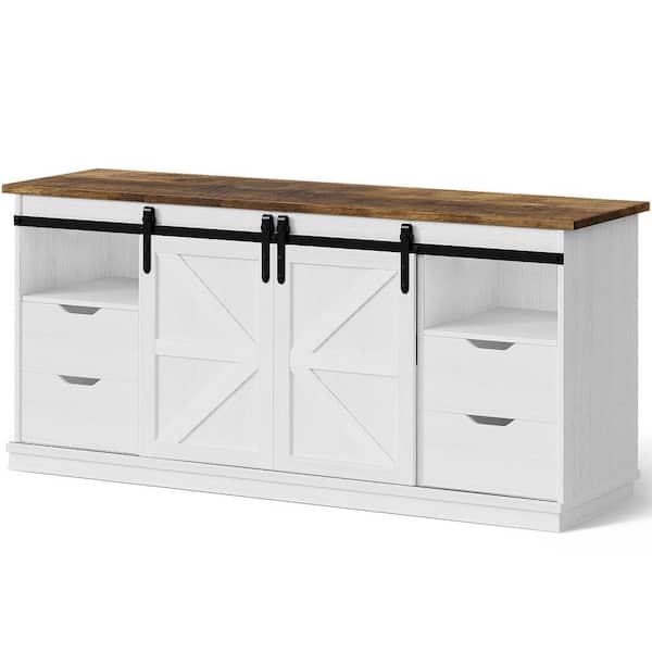 58 in. White TV Stand with Sliding Barn Doors and 4 Storage Drawers, Console Table Fits TVs up to 65 in. for Living Room