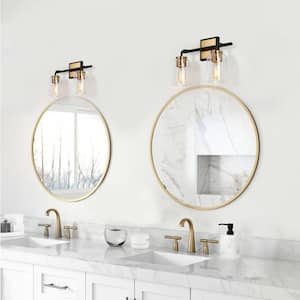 13 in. 2-Light Brass Gold Bathroom Vanity Light, Black Wall Sconce for Mirrors, Clear Glass Modern Bath Lighting