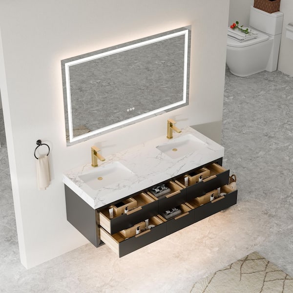 Wenlorin 60 in. Double Sinks Floating Black Bath Vanity with White Engineered Marble Top Pre-assembled