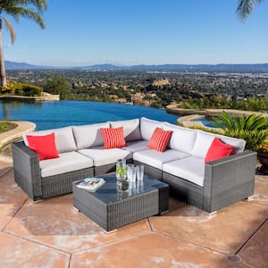 Santa Rosa Grey 6-Piece Wicker Outdoor Sectional Set with Silver Gray Cushions