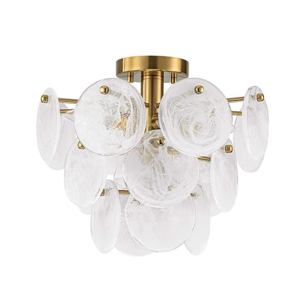 Carmen 4-Light 13.8 in. W Brass Semi-Flush Mount Tiered Chandelier with Marble Patterned Glass for Kitchen