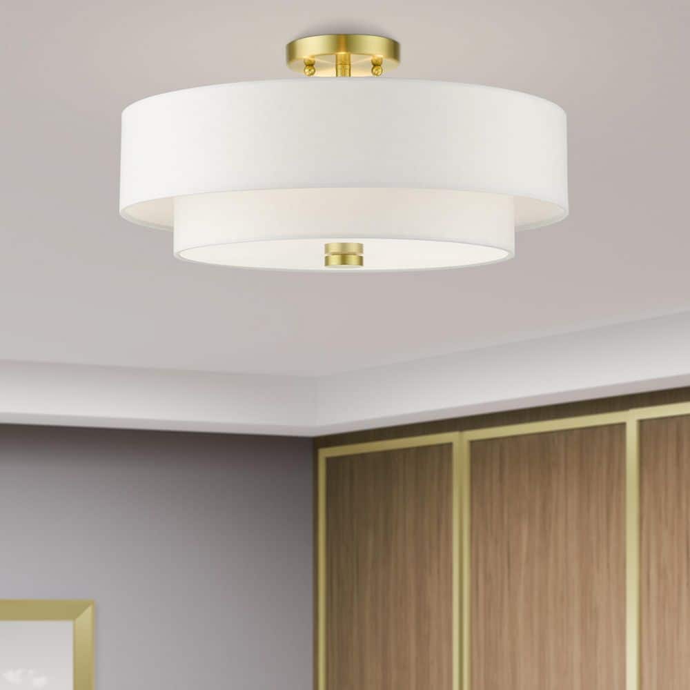 Satin Brass 4-Light Indoor/Outdoor Semi-Flush Drum Mount with Off-White Shade