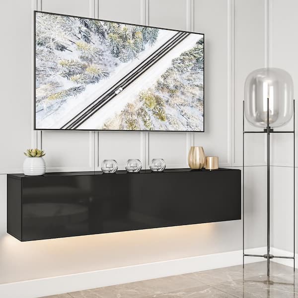 Hommpa 55.1 in. Black Floating TV Stand Fits TV's up to 65 in. With APP Control LED Lights and High Gloss Finish