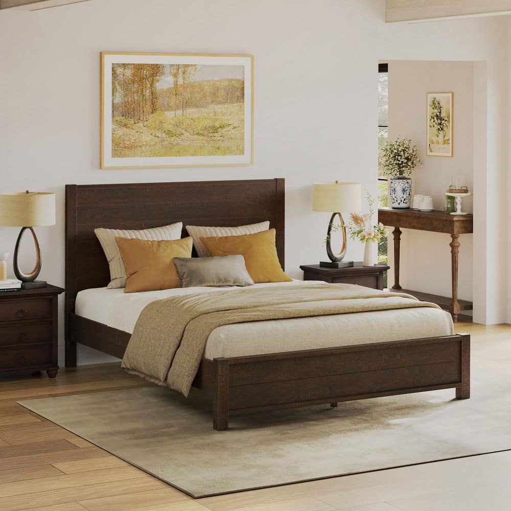 Echo Upgraded Rustic Walnut Brown Bed Frame Queen Size Platform Bed Solid Wood Frame with Headboard Wooden Slat Support