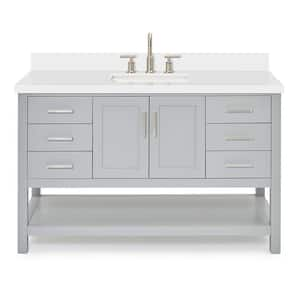 Magnolia 55 in. W x 22 in. D x 36 in. H Bath Vanity in Grey with Pure Quartz Vanity Top in White with White Basin