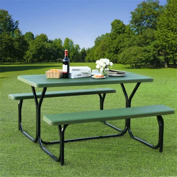 54 in. Green Rectangle Sturdy & Rust-Resistant Steel Picnic Table Bench, Seats 4 People & Anti Bump Round Table Corners