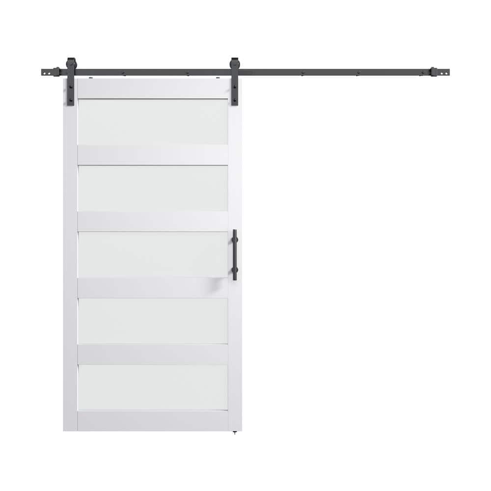 48 in. x 84 in. 5 Frosted Glass White PVC Surface MDF Sliding Barn Door wit