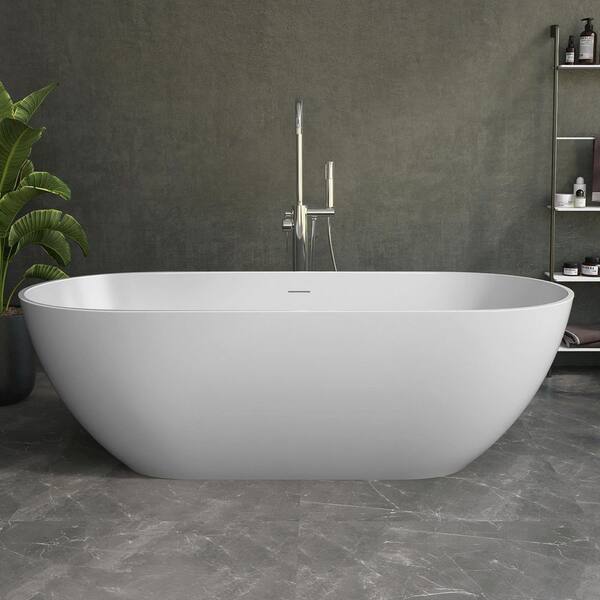 59 in. x 29.5 in. Solid Surface Tub Stone Resin Freestanding Soaking Bathtub w/ Overflow and Center Drain in Matte White