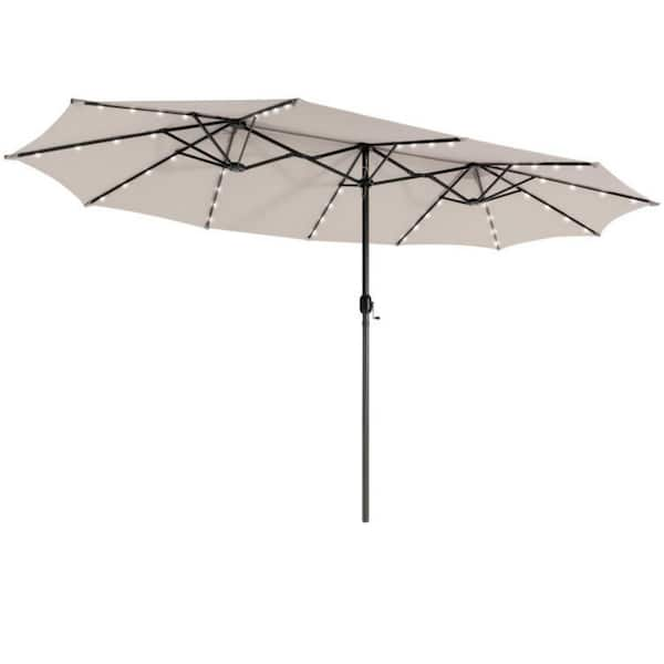 Clihome 15 ft. Market Twin Patio Umbrella in Beige with 48 Solar LED ...