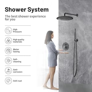 Rain Single Handle 1-Spray with Valve 1.8 GPM 12 in. Shower Faucet Pressure Balance Dual Shower Heads in Black