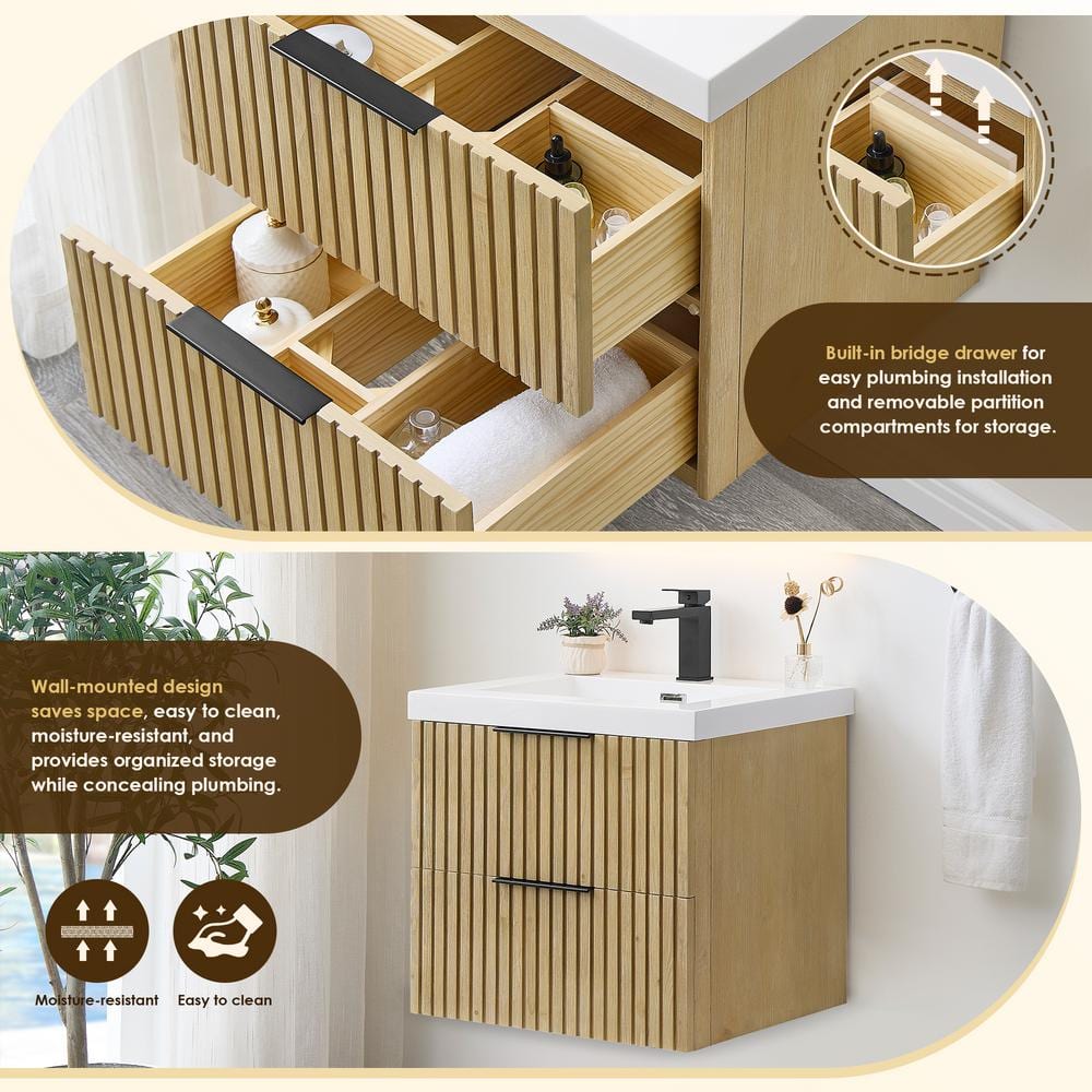 Livia 24" Nature Brown Fir Wood Wall-Mounted Vanity with White Sink