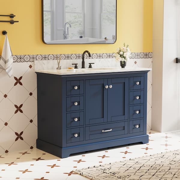 48 in. Solid Wood Single Sink Navy Blue Bath Vanity with White Carrara Marble Top, Soft Closing, 2-Doors, 9-Drawers