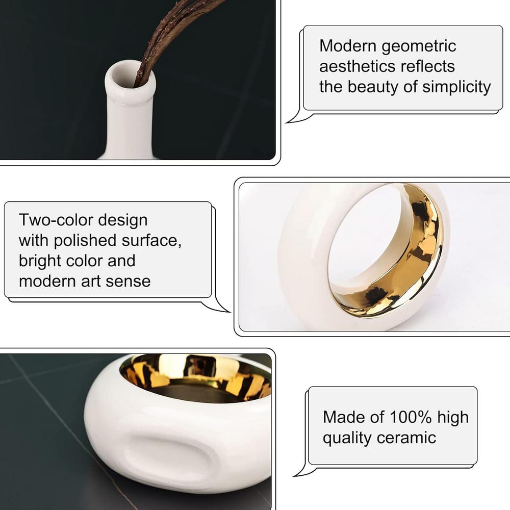 White and Gold Ceramic Cylinder Decorative Vase Set