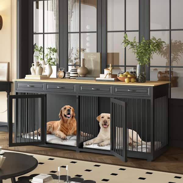 86.6 in. Wooden Dog Kennel Furniture with 4-Drawers and Dividers, Large Dog Cage Crates for 2 Large Dogs, Black