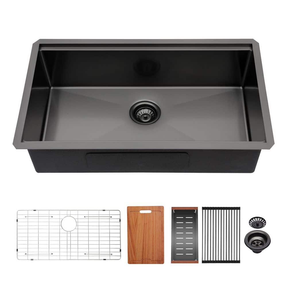 33 in. Undermount Single Bowl 16 Gauge Matte Black Stainless Steel Kitchen 