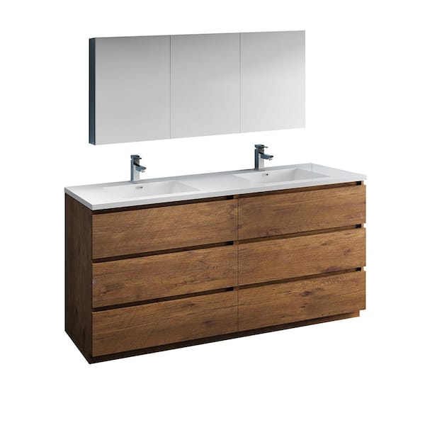 Lazzaro 72 in. Modern Double Bathroom Vanity in Rosewood with Vanity Top in White with White Basins and Medicine Cabinet