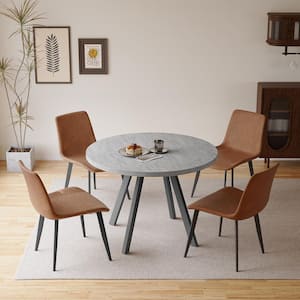 5-Piece Gray Round Dining Table Set MDF Dining Table with 4 Brown Dining Chairs