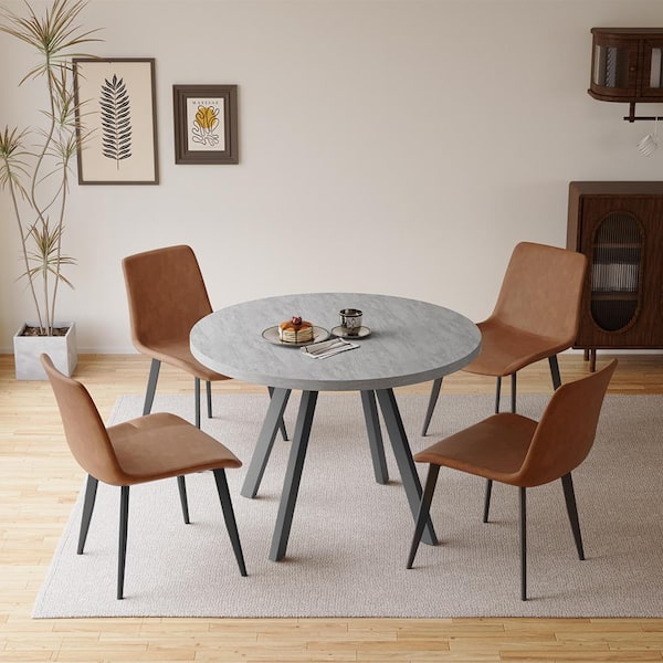 GOJANE 5-Piece Gray Round Dining Table Set MDF Dining Table with 4 Brown Dining Chairs