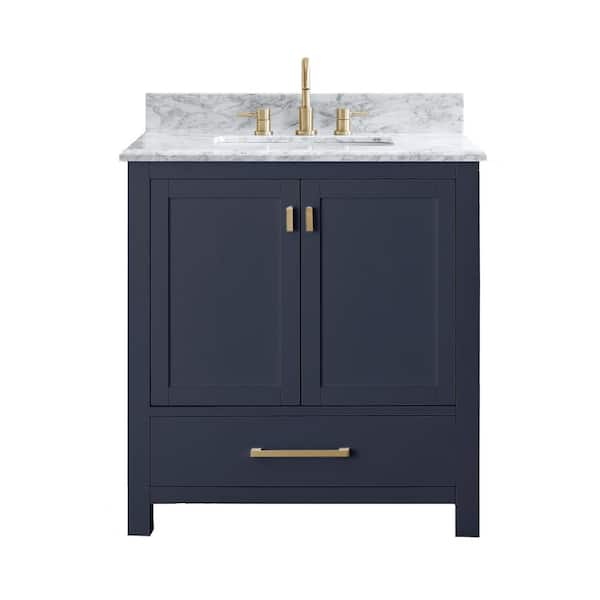 Avanity Modero 31 in. Single Sink Navy Blue Bath Vanity with Carrara White Marble Top