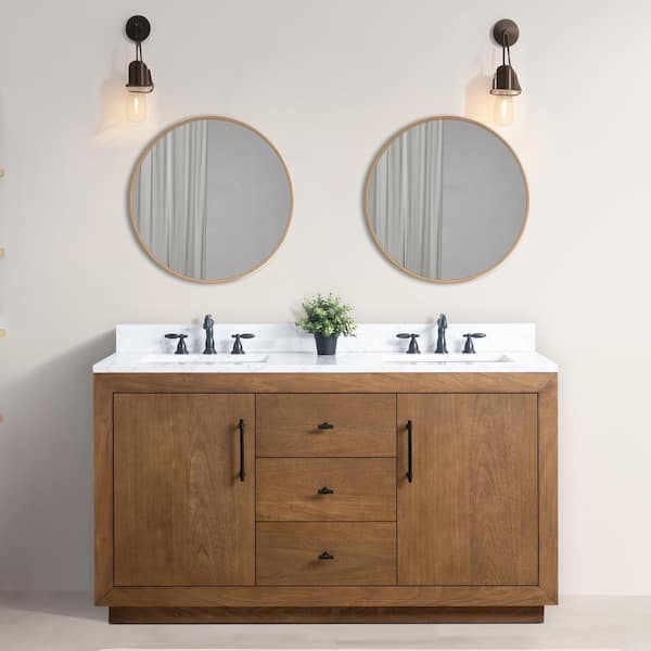 60 in. W x 22 in. D x 38 in. H Double Sink Bathroom Vanity in Tan with Arabescato White Engineered Marble Top