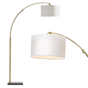 Logan 76 in. Antique Brass Modern 1-Light Adjustable and Extendable LED Floor Lamp with White Fabric Drum Shade